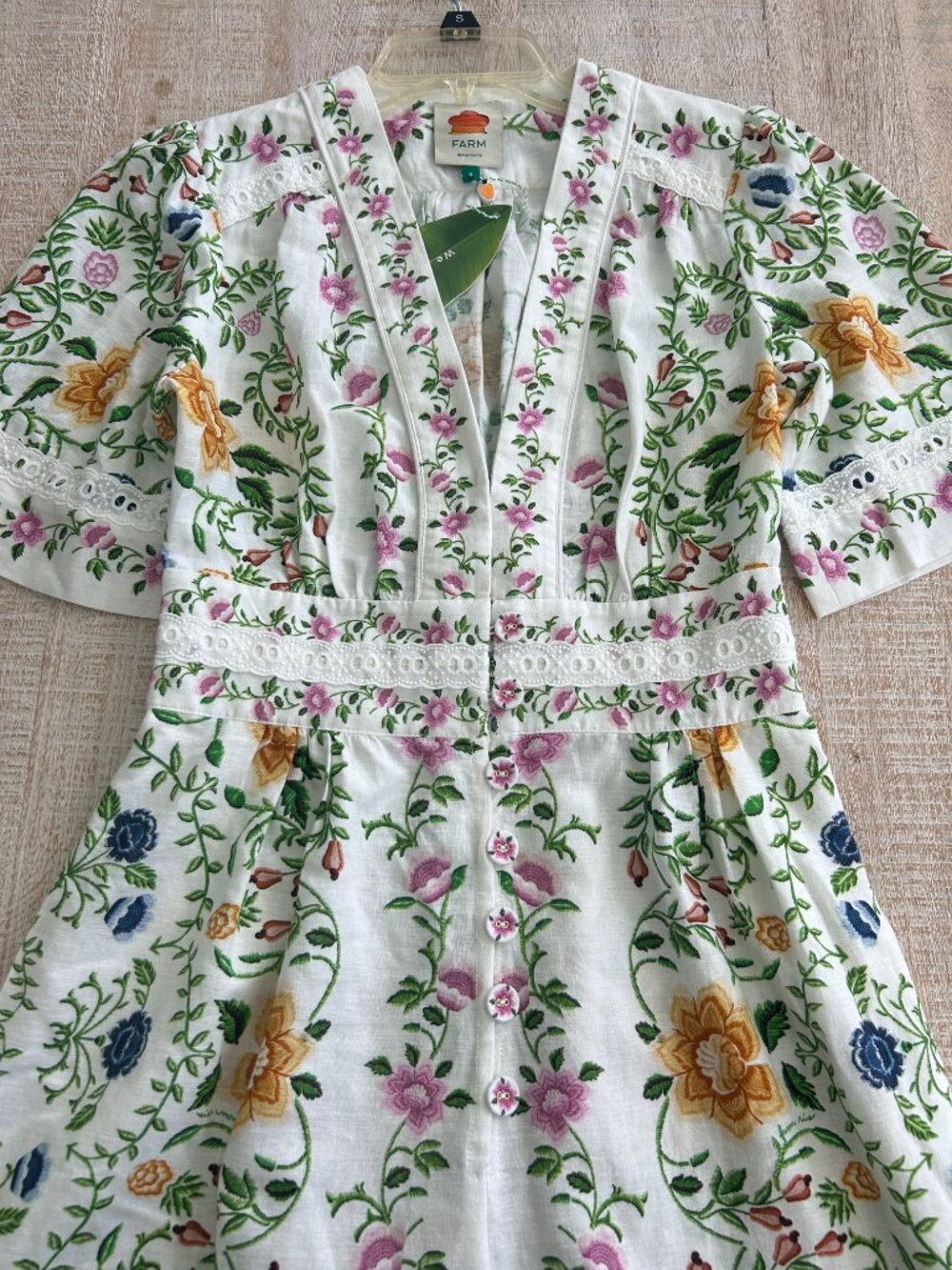 Farm Rio Folk Floral Linen Blend White Short-Sleeve Wide-Leg Jumpsuit Small NWT - Picture 3 of 16